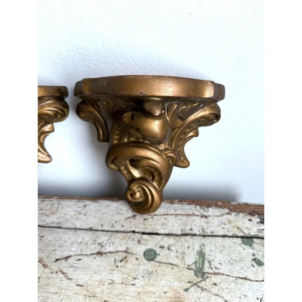Vintage Pair Plaster Gold Wall Sconces Hollywood Regency Classical Shelf‎